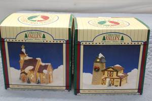 lot 57 image: Christmas Valley Collectibles Lot 2 Lighted Porcelain Buildings, Figurines, and Snowy Trees