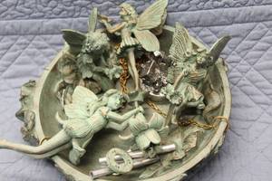 lot 74 image: Decorative Birdbath with Wind Chime and Fairy Figurines