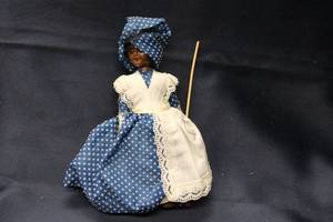lot 142 image: Vintage African American Doll in Blue Polka Dot Dress