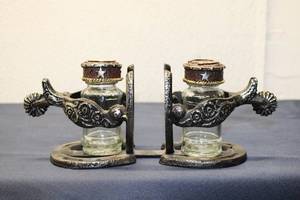 lot 157 image: Vintage Horseshoe-Shaped Salt and Pepper Shaker Set with Glass Bottles