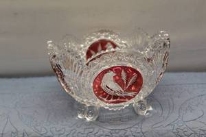 lot 170 image: Vintage Cut Glass Bowl with Red Accents and Two Decorative Glasses