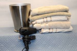 lot 305 image: Conair InfinitiPro Hair Dryer with Set of 4 Towels and Metallic Bin