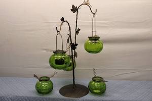 lot 319 image: Decorative Green Glass Lanterns with Iron Stand - Set of 5