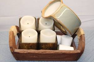lot 330 image: Set of 6 Decorative Candles with Wooden Tray and Ceramic Holder