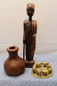 lot 351 image: Vintage Wooden Carved Figurine, Decorative Wooden Vase, and Alabaster Elephant Figurine Set