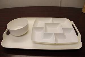 lot 379 image: Serving Tray Set with Divided Plate, Bowl, and Christmas Kitchen Towels
