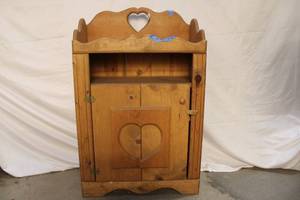 lot 62 image: Vintage Heart-Shaped Pine Wood Cabinet with Open Shelves