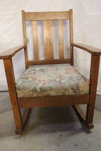 lot 64 image: Vintage Wooden Rocking Chair with Floral Upholstered Cushion