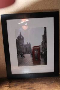 lot 333 image: Framed Black and White Photo of Street Scene and Red Telephone Booth