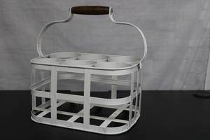 lot 337 image: Vintage White Metal Carrier with Wood Handle for 5 Containers