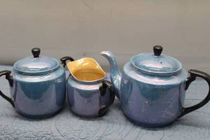 lot 255 image: Vintage Blue and Black Teapot Set with Sugar Bowl and Creamer