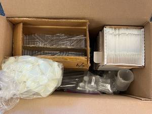 lot 7 image: ASSORTED BOX LOT - Bottles, Plastic Beakers, Culture Tubes, Test tubes, Pipetes