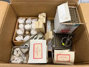 lot 15 image: ASSORTED BOX LOT - Clamps, Test Tubes, Burner, Varnish Bottles, Centrifuge Tubes, Snap Cap Vials