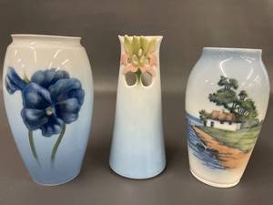 lot 151 image: Vintage Royal Copenhagen  B&G Porcelain Vase Trio Floral Landscape Design