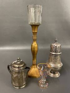 lot 169 image: Vintage Brass Candlestick, Silver Shaker, Creamer, Decorative Glass Lot