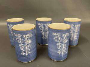 lot 171 image: Set of 5 Porcelain Tea Cups Blue Bamboo Design With Gold Rim Handmade