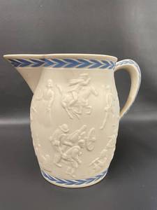 lot 173 image: Vintage Ceramic Relief Pitcher with Historical Scenes and Blue Border Design
