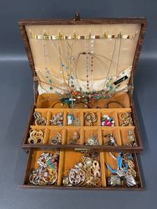 lot 312 image: Vintage Jewelry Collection with Intricate Pieces in Decorative Wooden Box