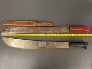 lot 327 image: Vintage Herters Fillet knife, Village Blacksmith & Corona Machete Lot with Leather Sheath