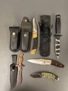lot 332 image: Diverse Lot of 6 Knives with Sheaths MTech Kershaw Tactical Camping Collection