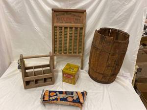 lot 347 image: Vintage Washboard, Barrel, Carrier, Tin, and Whipper Lot