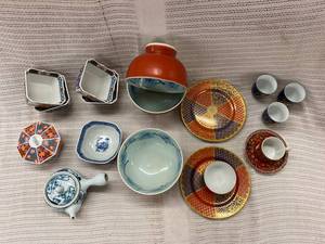 lot 348 image: Japanese Style Ceramic Dishware Collection Bowls, Cups, Plates, Teapot Set