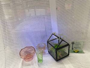 lot 369 image: Vintage Glassware Set with Uranium Glass Tumbler, Terrarium, and Plaque