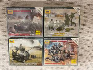 lot 27 image: Zvezda WWII German Model Kits Set 172 Scale - Motorcycle, Mortar, Anti-Aircraft, Recon