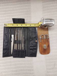 lot 47 image: Vintage Dental Tool Set with Scissors in Black and Brown Leather Cases