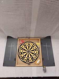 lot 53 image: Wooden Dartboard Set with Lion Crest Cabinet and Darts