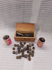 lot 60 image: Assorted Vintage Brass Bullet Casings and Empty Shell Collection in Wooden Box