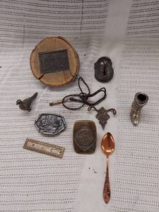 lot 68 image: Vintage Collectibles Lot Padlock, Metal Spoon, Lock, Brass Badges, Miniatures & More