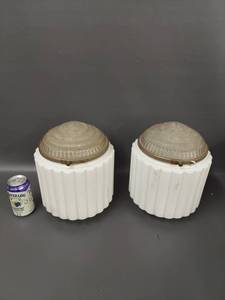 lot 74 image: Pair of Vintage Ribbed Glass Ceiling Light Fixtures Mid-Century Design