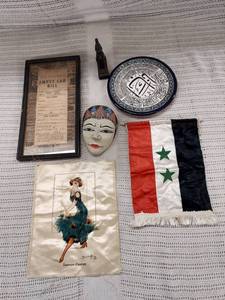 lot 75 image: Vintage Cultural Lot Rail Bill, Syrian Flag, Plate, Mask, Print