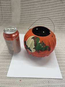 lot 85 image: Vintage Halloween U.S. Metal Toy Co Tin Bucket Jack O Lantern w Owls Candy Basket