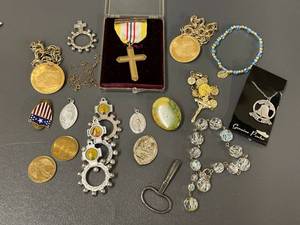 lot 124 image: Vintage Religious Medallion Jewelry Lot with Cross Medals Coins Pewter Necklace