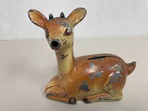 lot 135 image: Vintage Painted Tin Deer Money Bank Collectible Novelty Adorable Design