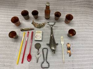 lot 211 image: Vintage Barware Collection Copper Cups, Dolphin Opener, Retro Swizzle Sticks