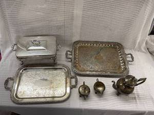 lot 213 image: Vintage Silverplate Serving Trays Set with Teapot and Creamers