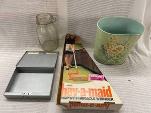 lot 219 image: Vintage Household Lot Popeil Mop, Cumanco Box, Glass Jar, Floral Bin