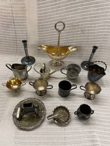 lot 221 image: Vintage & Antique Metalware Collection Cups, Candlesticks, Basket & More