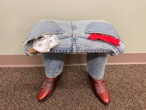 lot 241 image: Unique Denim Jeans Stool with Leather Boots for Eclectic Home Decor
