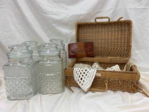 lot 248 image: Vintage Wicker Picnic Basket with Four Large Embossed Glass Storage Jars