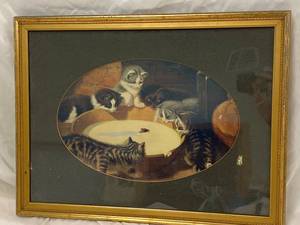 lot 249 image: Vintage Framed Print of Kittens in Golden Frame Antique Decor Piece