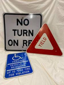 lot 252 image: Vintage Road Sign Lot No Turn on Red, Yield, Handicap Parking