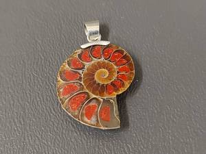 lot 281 image: Ammonite Fossil Pendant with Red Inlays