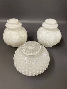 lot 100A image: Set of 3 Vintage Milk Glass Lamp Shades with Intricate Design Patterns