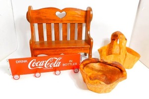 lot 9 image: Burl Wood-Style Baskets, Wooden Bench-Sunbelt Coca Cola Sign