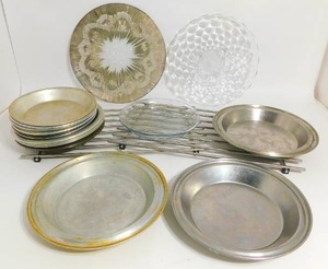 lot 22 image: Tin Glass Pie Baking Pans Plates-Glass Serving Trays...