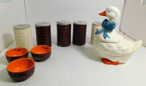 lot 26 image: Vintage Goose Cookie Jar, Hersheys Candy Containers Dishes Etc